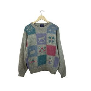 Vintage Woolrich Medium Sweater EUC Wool Gray Pullover Patchwork Pattern Womens